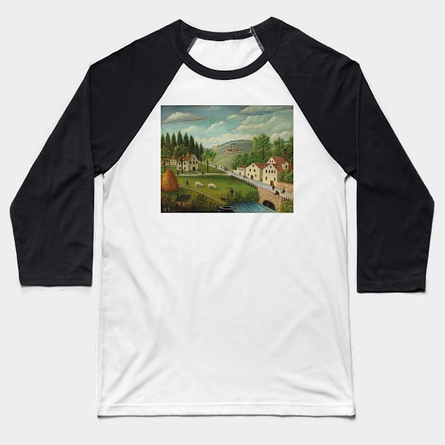 Pastoral Landscape with Stream, Fisherman and Strollers by Henri Rousseau Baseball T-Shirt by Classic Art Stall